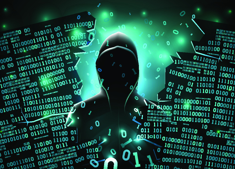 Cyberkriminalität: Daten und Silhouette mit Kapuze.