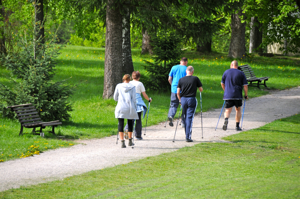 Eine Gruppe älterer Menschen, die durch einen Park walkt.