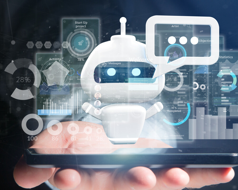 3D-Darstellung eines Mannes, der einen Chatbot mit Binärcode, einer Nachricht und Daten in der Hand hält
