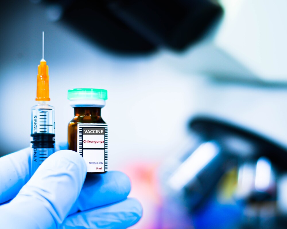 Hand hält Spritze und Impfvial mit Aufschrift „Vaccine und Chikungunya“ 
