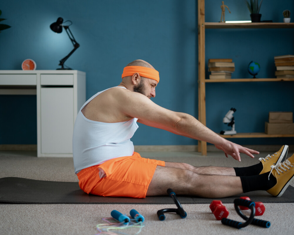 Mann mit weißem Unterhemd und orangefarbener Sporthose und Stirnband versucht sitzend seine Fußspitzen zu erreichen. Mann mit weißem Unterhemd und orangefarbener Sporthose und Stirnband versucht sitzend seine Fußspitzen zu erreichen.