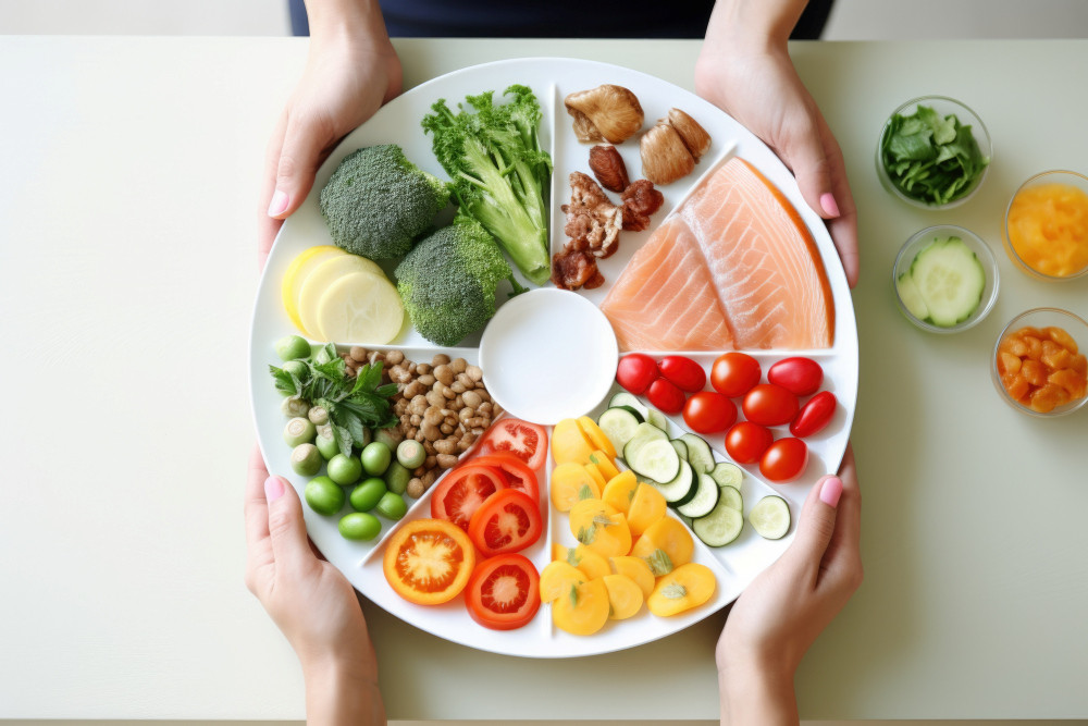 Verschiedene Lebensmittel auf einem Teller zeigen eine günstige Mengenverteilung für eine gesunde Ernährung