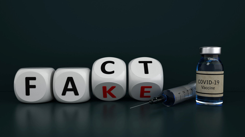 Vier Buchstabenwürfel bilden die Worte Fact und Fake. Daneben liegen eine Spritze und ein Impfstoffvial
