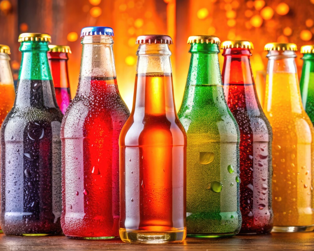verschiedene farbige Glasflaschen mit Kronkorken verschlossen