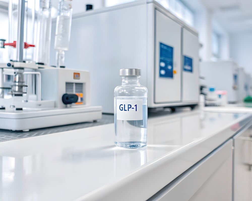 Blick ins Labor. Im Vordergrund steht ein Gefäß mit Aufschrift GLP-1.