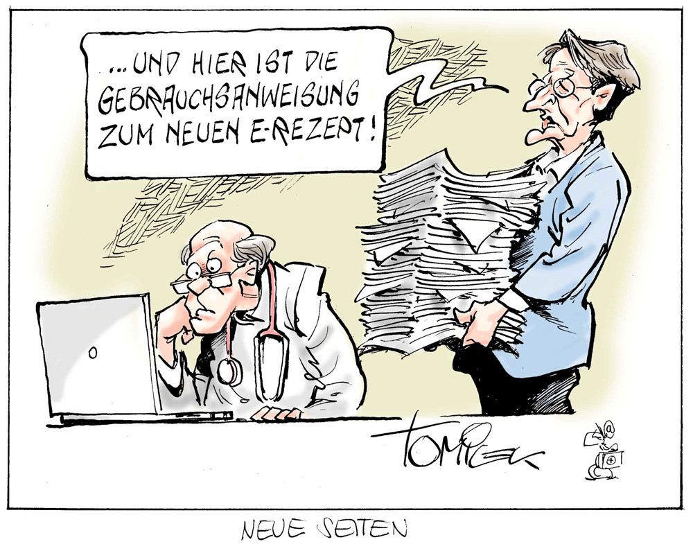 Karikatur zum E-Rezept: Arzt vorm Laptop, Karl Lauterbach mit einem Papierstapel in der Hand