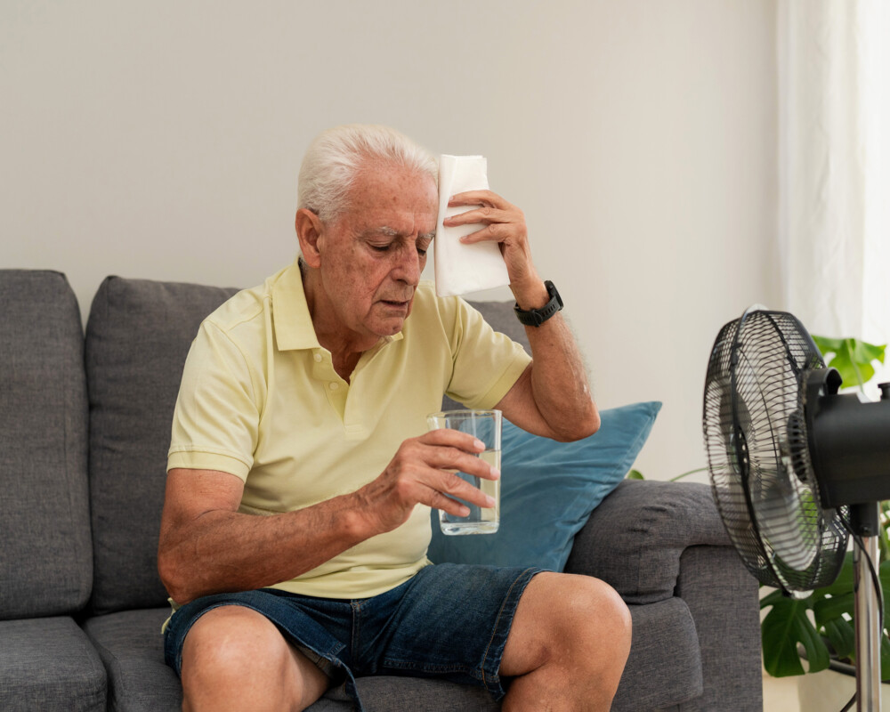 Senior mit Glas Wasser in der Hand sitzt auf dem Sofa vor einem Ventilator und tupft sich mit einem Tuch die Stirn,