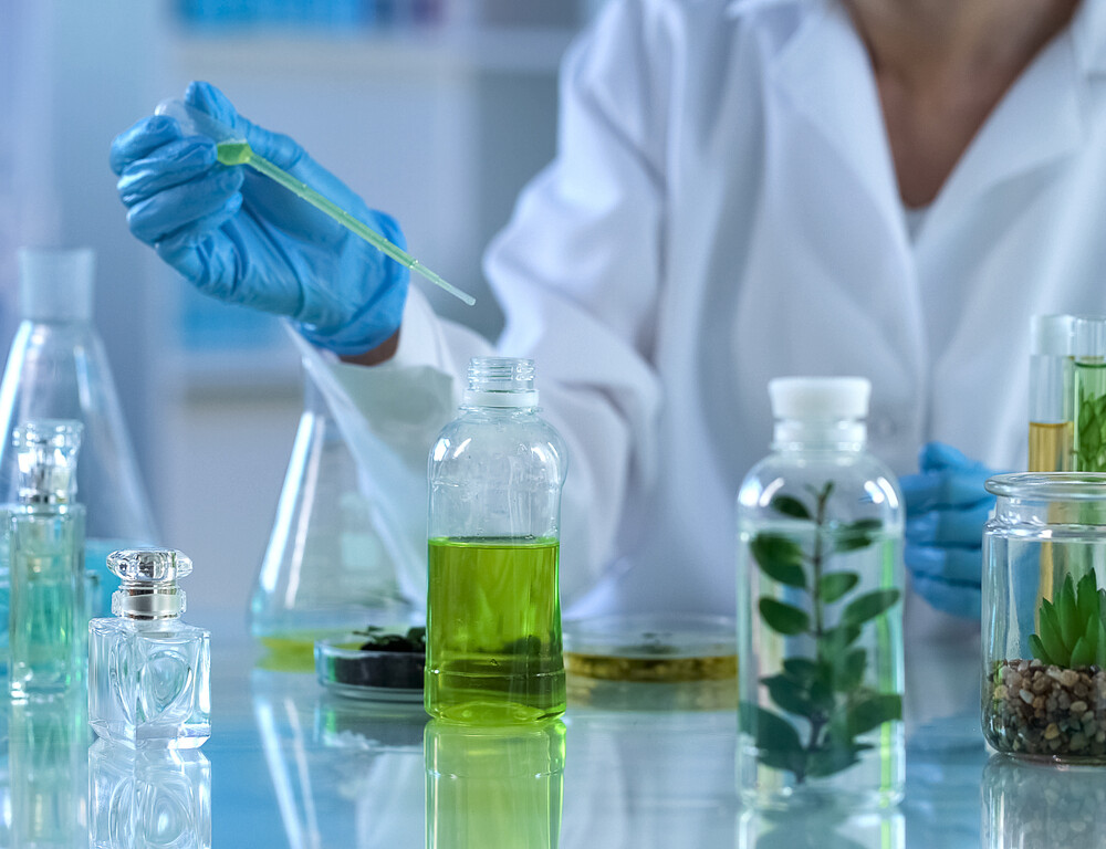 
Chemie-Wissenschaftler, die Analyse der flüssigen Mischung, Kräuter-Extrakt für Parfums
