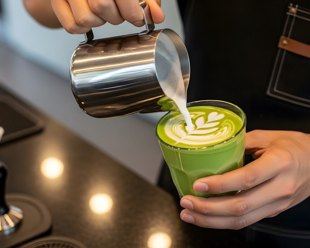 Barista fertigt einen Matcha latte an.