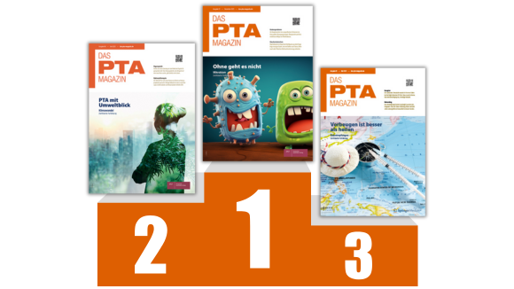 Drei Titelbilder von DAS PTA MAGAZIN auf dem Siegertreppchen.