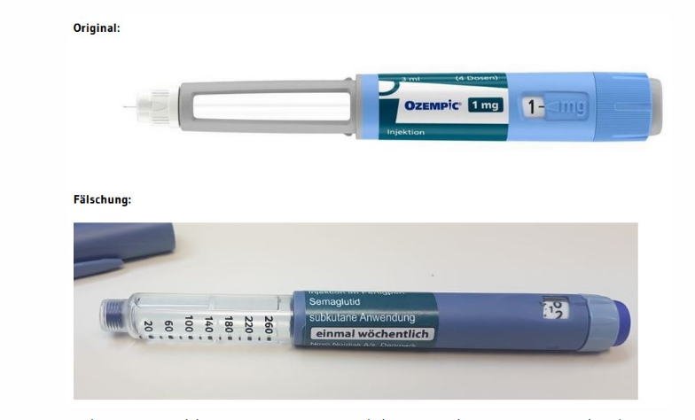Abbildungen von Original und Fälschung des Arzneimittels Ozempic