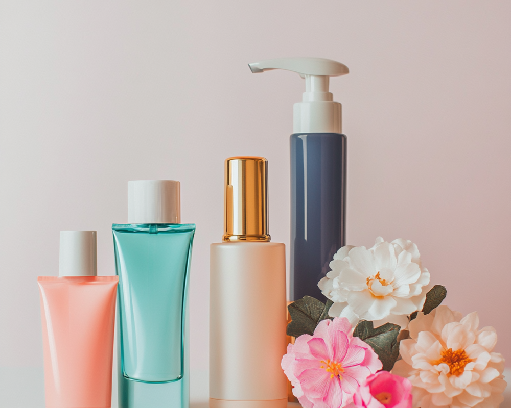 Verschieden Spender für Parfum und Düfte arrangiert mit Blumendeko Verschieden Spender für Parfum und Düfte arrangiert mit Blumendeko