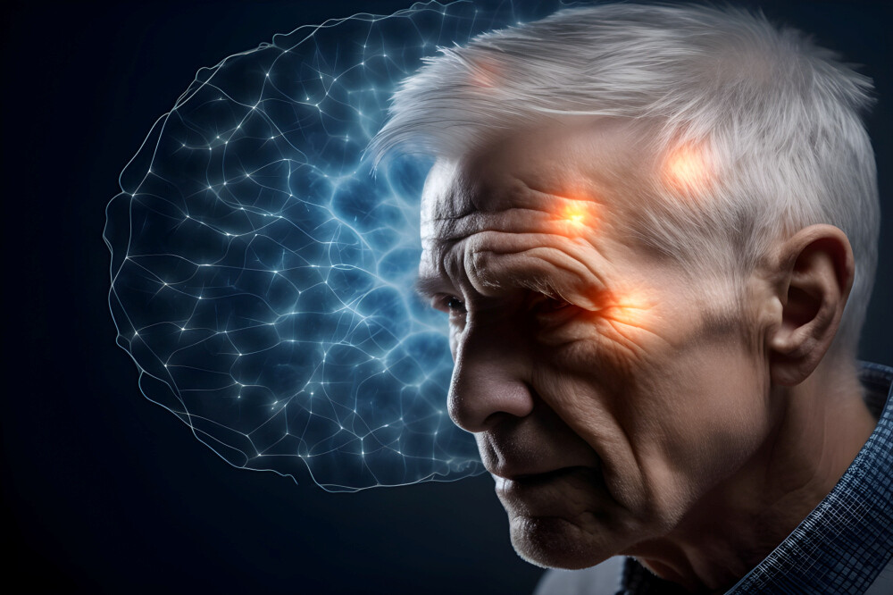 Kopf eines Mannes mit drei markierten Punkten und einem Neuronenetzwerk im Hintergrund