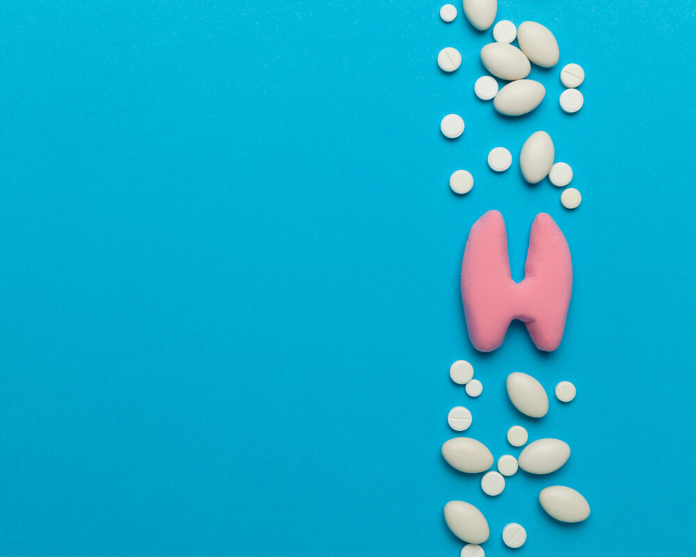 Schilddrüsenmodell auf blauem Hintergrund. Ober- und unterhalb verschiedene weiße Tabletten.