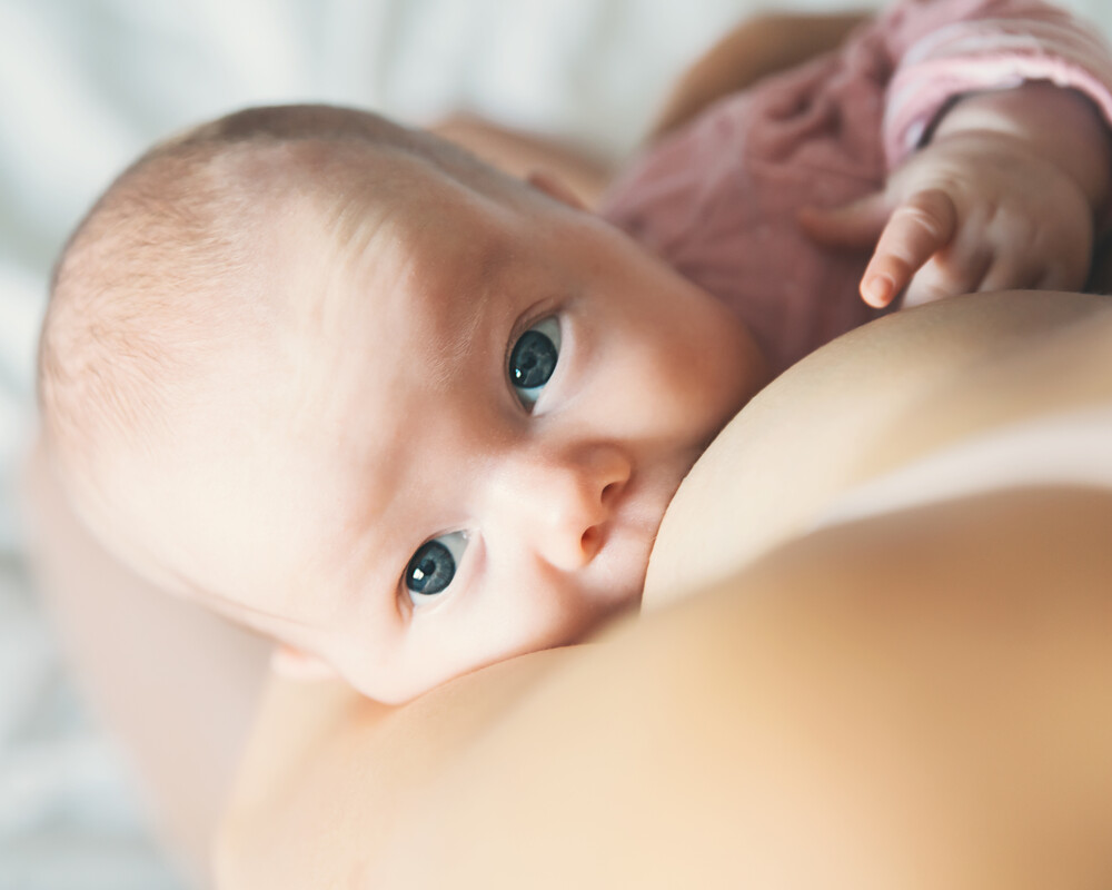 Baby wird getillt und blickt in die Kamera Baby wird getillt und blickt in die Kamera