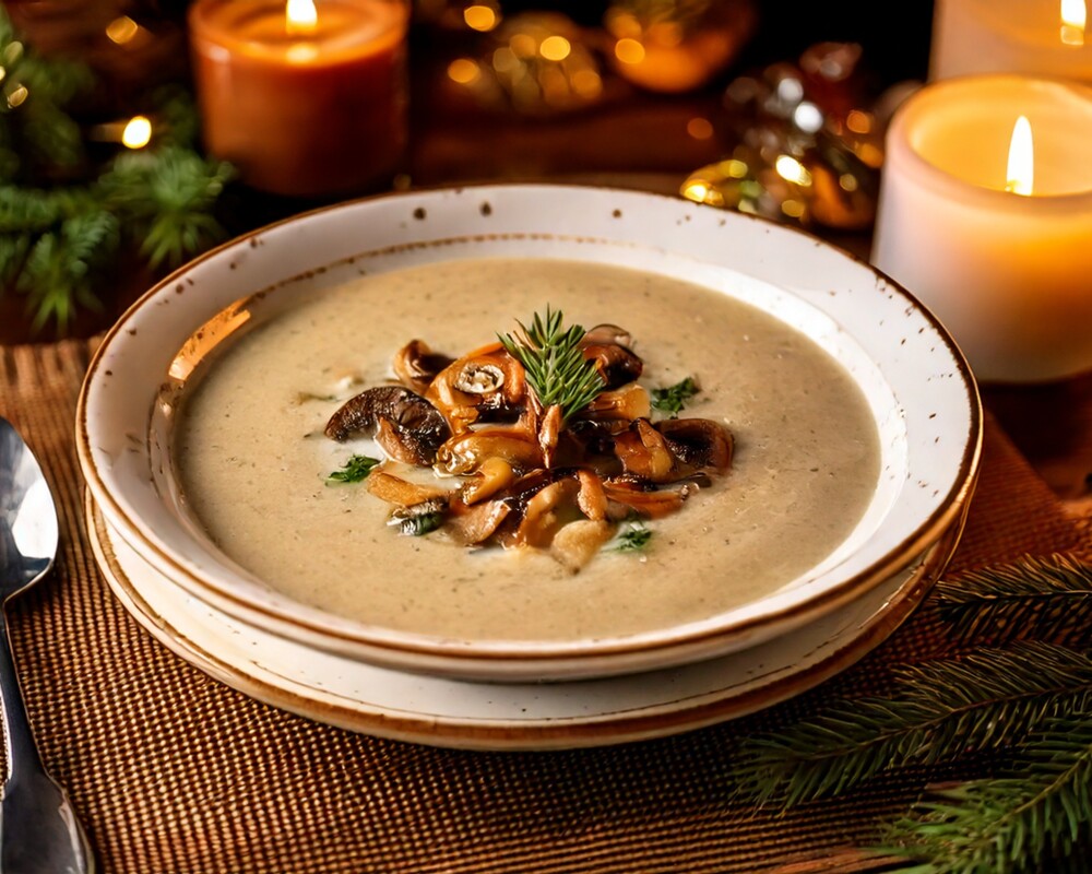 Ein Teller Champignonsuppe dekoriert mit Tannenzweig und Champignons. Im Hintergrund angezündete Kerzen.