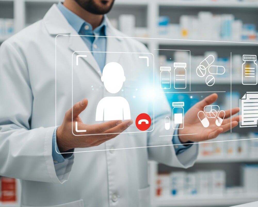 Die Hand eines Apothekemmitarbeiters mit einer Schnittstelle für digitale telemedizinische Konsultationen, einem Hologramm und einem Online-Rezeptservice für Patientenmedikamentendaten sowie einem System für die Gesundheitsberatung aus der Ferne.