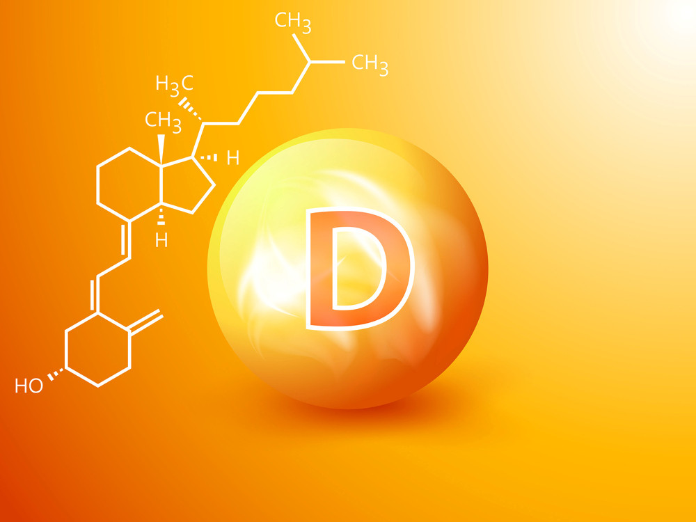 Orange-gelbe Kugel mit einem D sowie Formel von Vitamin D