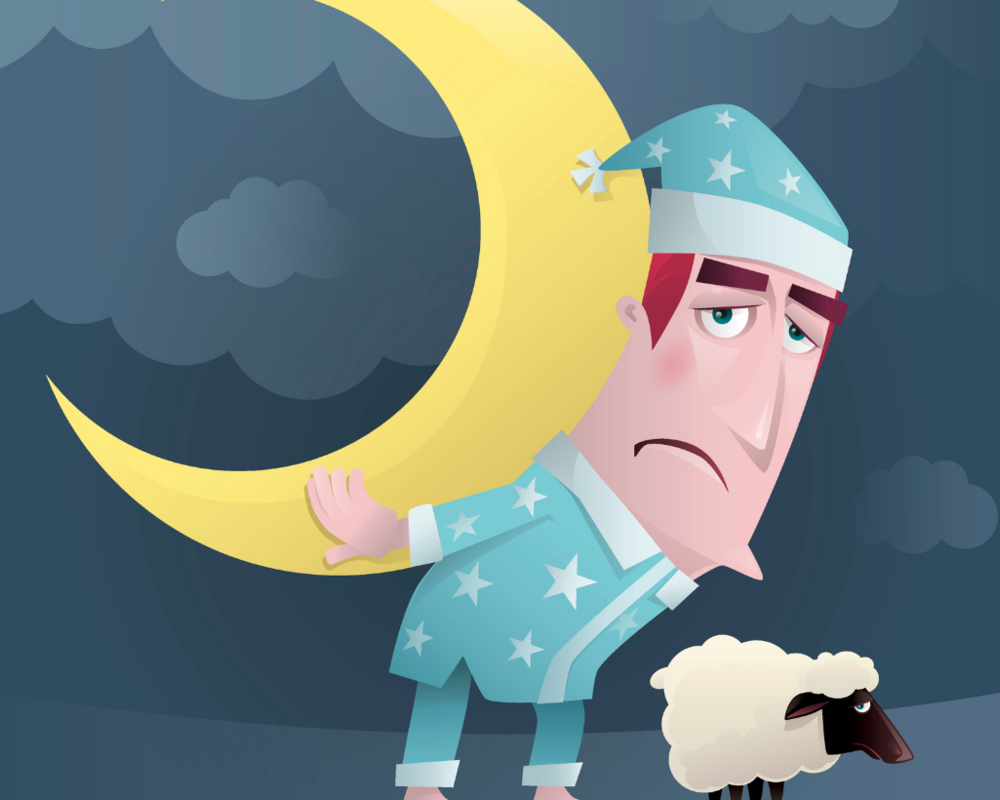 Illustration: Mann im Schlafanzug mit Mond auf dem Rücken, daneben Schaf