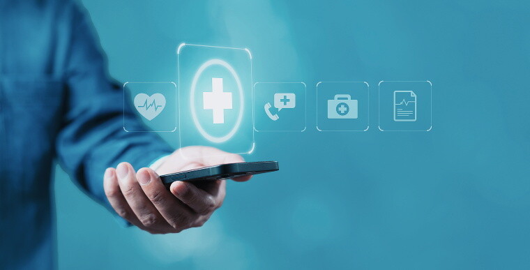 Hand mit Smartphone und digitale Icons Hand mit Smartphone und digitale Icons
