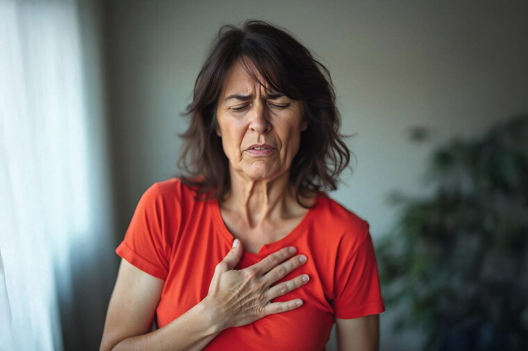 KI-Bild: Frau fasst sich an die Brust. KI-Bild: Frau fasst sich an die Brust.