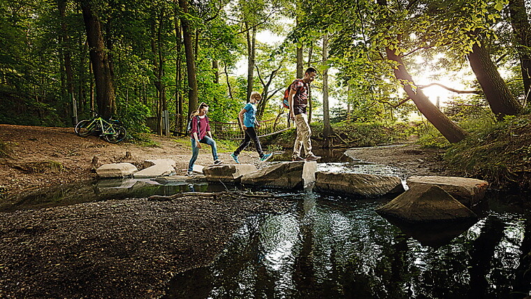 Familie wandert über Bach im Wald.