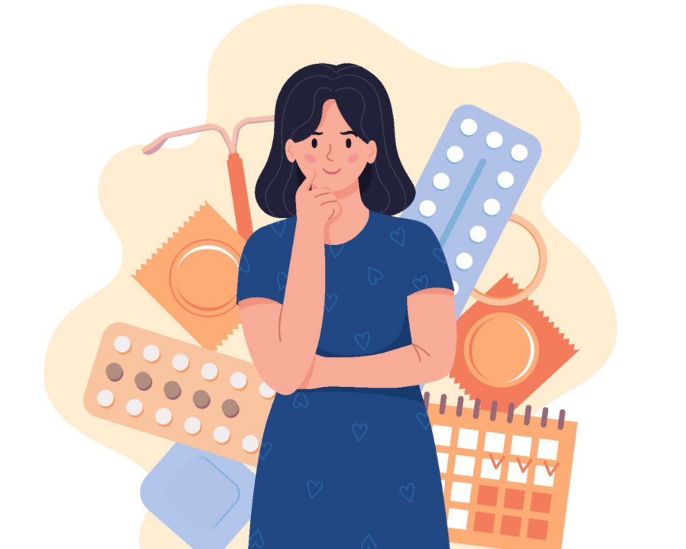 Illustration: Frau und verschiedene Verhütungsmethoden