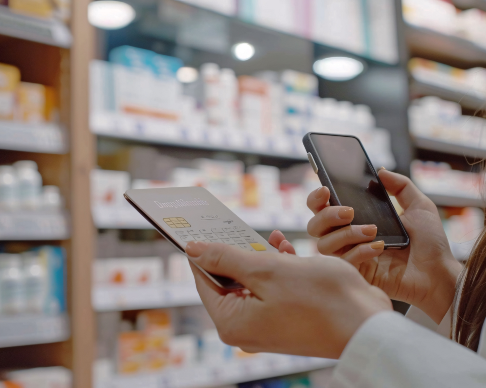 Frau mit Handy und Taschenrechner in der Apotheke