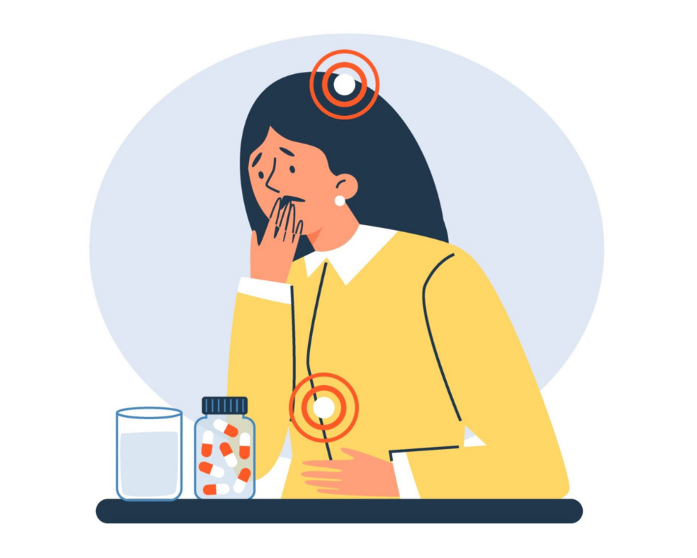 Illustration: Frau mit Tabletten und Wasserglas