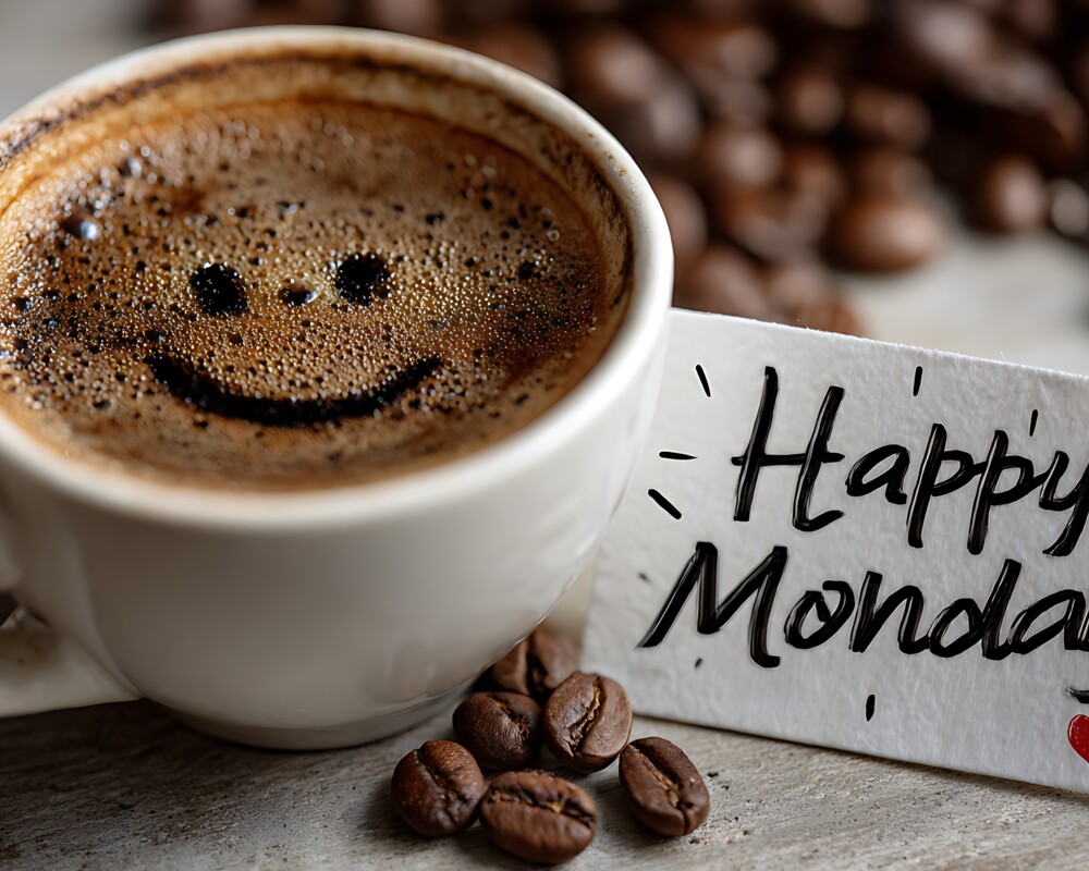 Kaffeetasse und Schriftzug Happy Monday