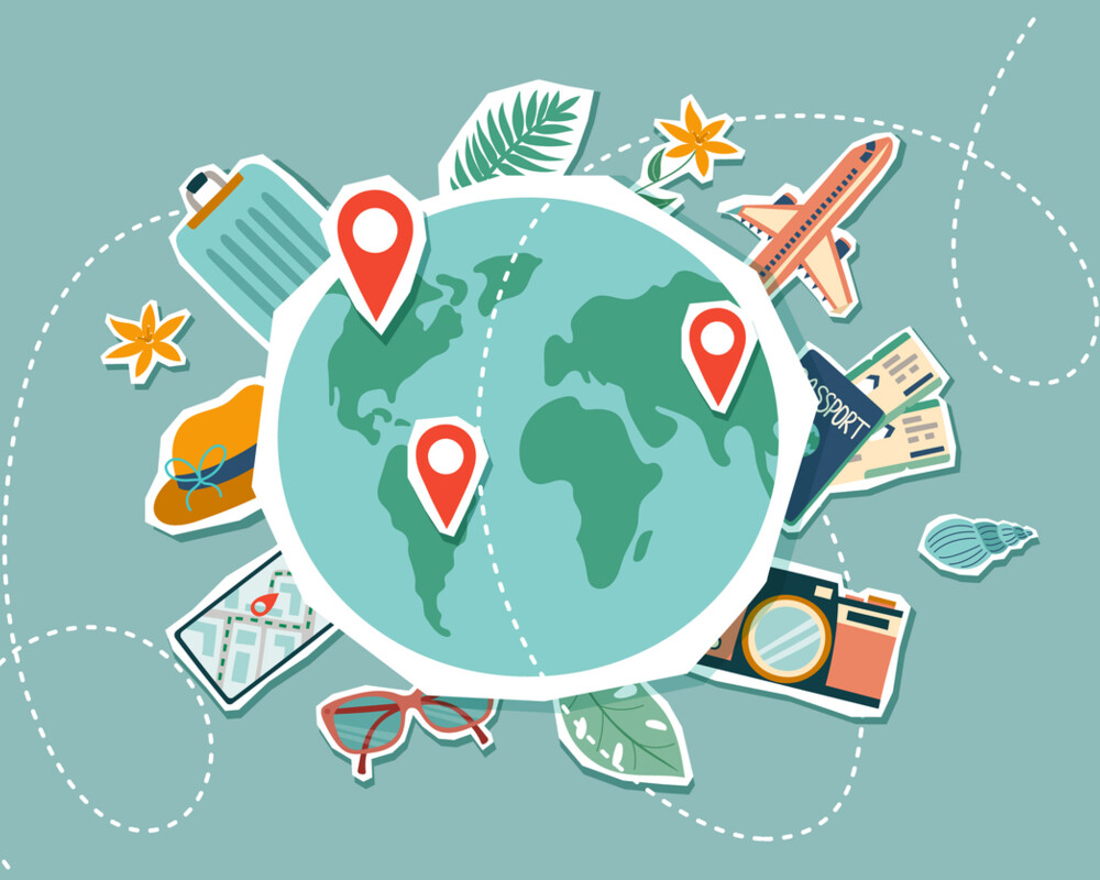 Illustration: Welt und Reisesymbole