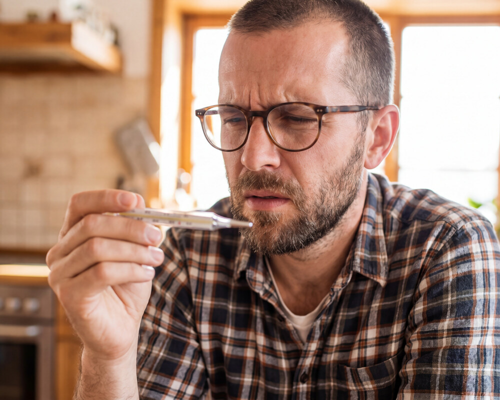 Mann mit Fieberthermometer