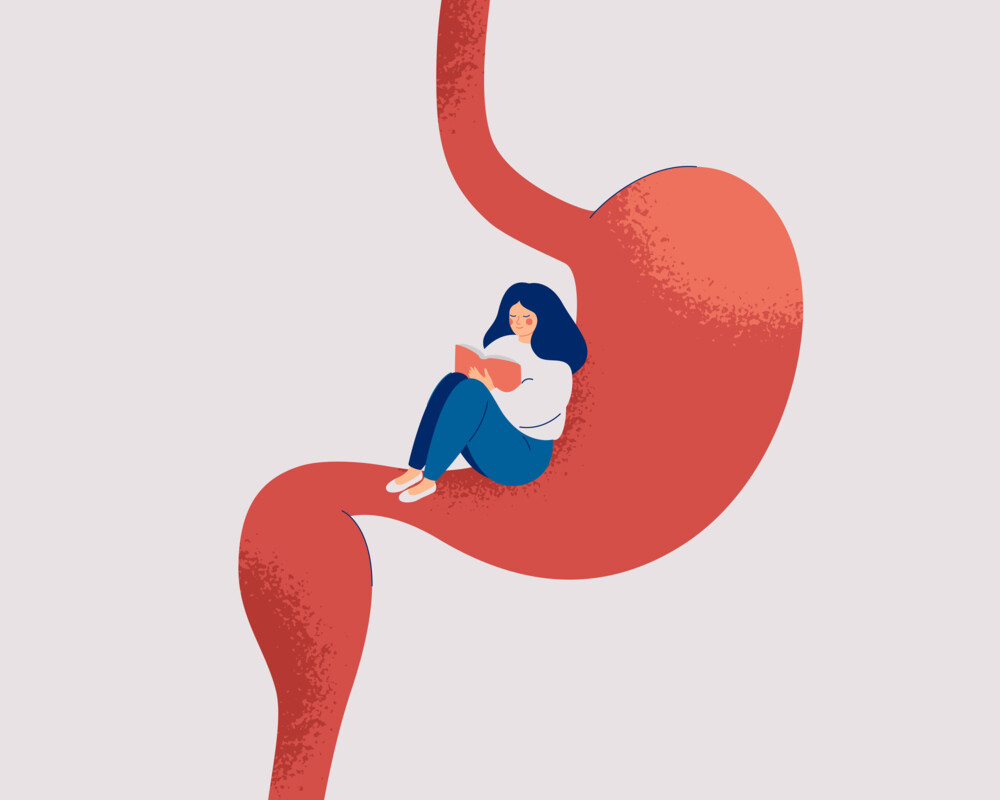 Illustration: Frau auf einem riesigen Magen