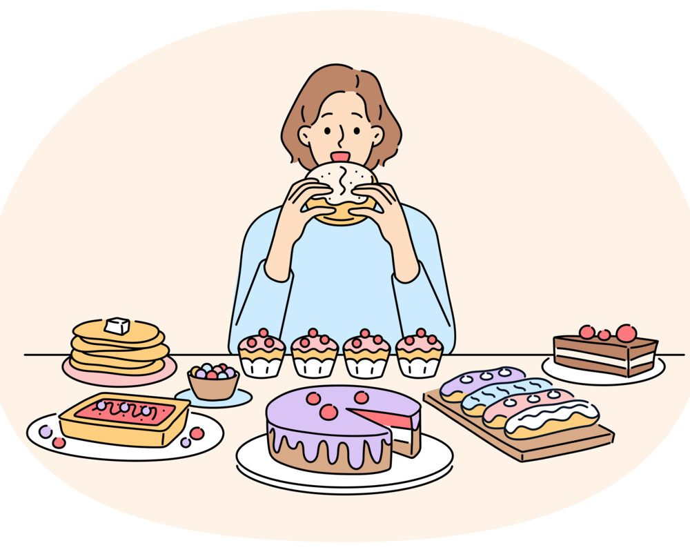 Illustration: frau isst viel Kuchen