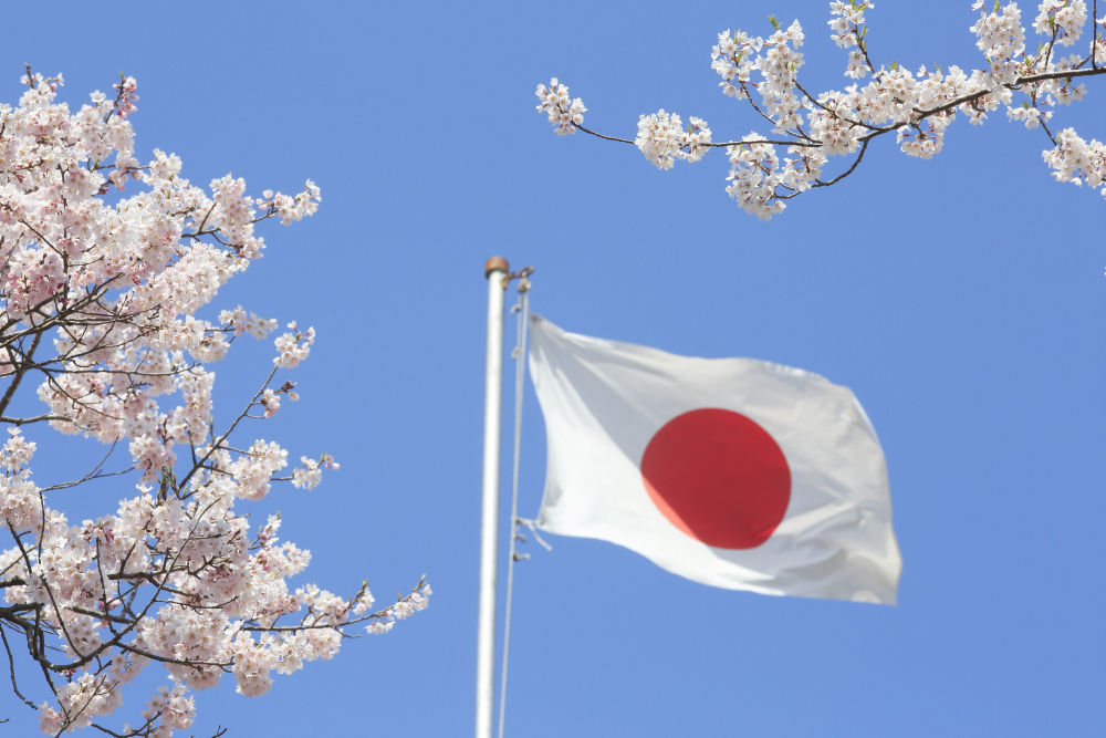 Japanische Flagge vor blauem Himmel umrahmt von Kirschblüten