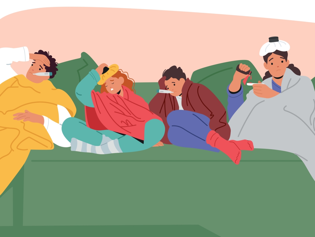 Illustration: Vier Personen mit Erkältung auf dem Sofa