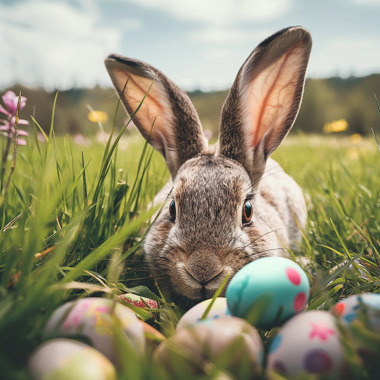 Osterhase mit bunten Eiern im Gras