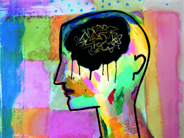 Gemälde von einem Kopf mit schwarzem Gehirn
