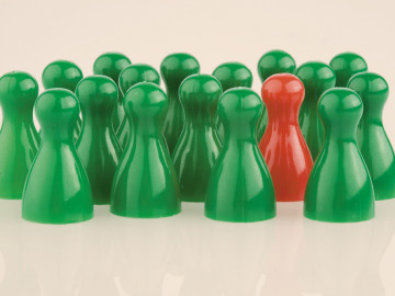 Nicht richtig integriert: Rote Spielfigur unter ganz vielen grünen Spielfiguren