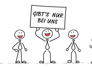 Strichmännchen mit Schild "Gibt's nur bei uns".
