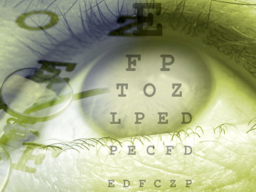 Grün eingefärbte Collage von Auge, Brille und Buchstaben
