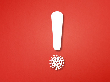 Ausrufezeichen mit Coronavirus als Punkt vor rotem Hintergrund
