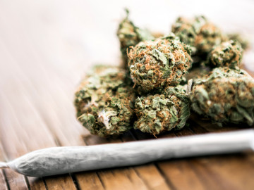 Cannabisjoint und Cannabisblüten auf einem Holztisch