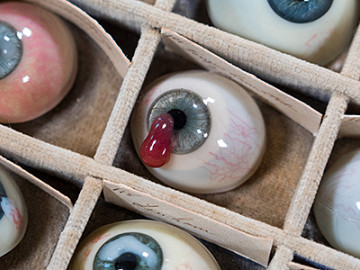 Medizinhistorische Glasaugensammlung in einem Setzkasten.