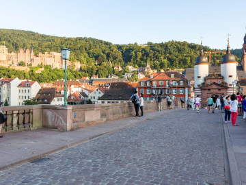 Blick von der Alten Brücke auf das Heidelberger Schloss und die Heiliggeistkirche.