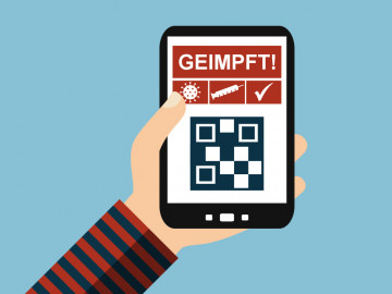 Zeichnung: Handy mit QR-Code und Impfnachweis