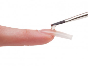 Ein künstlicher Fingernagel wird mit Gel bepinselt.