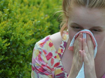 Mädchen niest in ein Taschentuch

