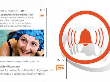 Push-Nachrichten von DAS PTA MAGAZIN und ein Alarm-Symbol