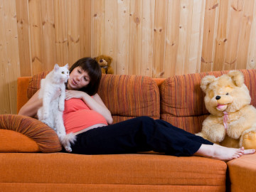 Schwangere mit Katze und Teddybär auf dem Sofa